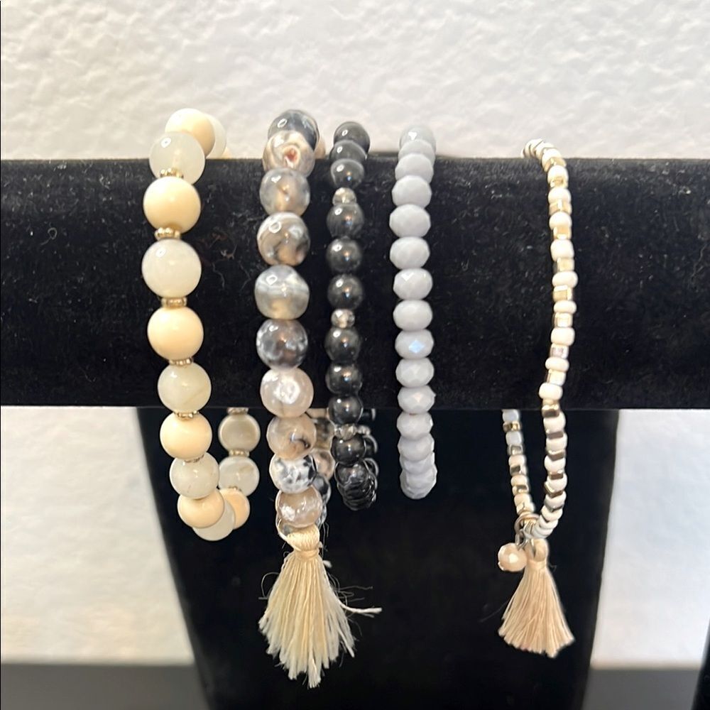 Elegant Natural Stone Beaded Bracelet Set - Cream, Gray, Black